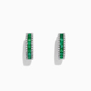 The Brasilica 14K White Gold Emerald and Diamond Hoop Earrings, 2.04 TCW, feature a central row of green emeralds bordered by white diamonds, all set in white gold and displayed against a white background.