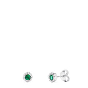 A pair of 14K White Gold Round Diamond Halo Emerald Stud Earrings, 0.39 TCW, featuring green gemstones surrounded by sparkling diamonds, displayed on a plain white background.