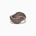 The 14K Rose Gold Espresso and White Diamond Ring, 1.63 TCW, features an intricate looped design encrusted with sparkling white and espresso diamonds, shown against a white background.