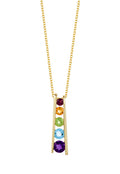 The Mosaic 14K Yellow Gold Multi Gemstone Pendant (1.40 TCW) features five vibrant round stones—red, orange, green, blue, and purple—arranged vertically on a yellow gold chain for a colorful statement.