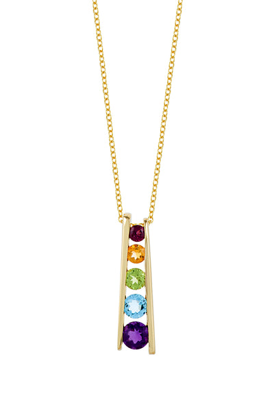 The Mosaic 14K Yellow Gold Multi Gemstone Pendant (1.40 TCW) features five vibrant round stones—red, orange, green, blue, and purple—arranged vertically on a yellow gold chain for a colorful statement.