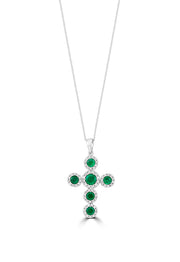 The Brasilica 14K White Gold Emerald and Diamond Cross Pendant, 1.48 TCW, features six round emeralds accented with sparkling stones on a fine chain, displayed against a white background.