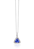 The 14K White Gold Trillion Tanzanite and Diamond Pendant, 1.71 TCW, features a triangular blue tanzanite accented by sparkling diamonds and is displayed against a white background.
