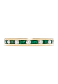 The Brasilica 14K Yellow Gold Emerald and Diamond Channel-Set Ring, 0.66 TCW, showcases alternating rectangular green emeralds and round white diamonds in a slim channel-set single row design.