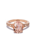 The Blush 14K Rose Gold Morganite and Diamond Ring, 3.40 TCW, showcases a large oval morganite centerpiece and small round diamonds along a rose gold band, with “EAFY” engraved inside.