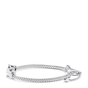 The 925 Sterling Silver Braide Chain Diamond Panther Bolo Bracelet features a braided chain with two intertwined panther links accented by 0.10 TCW diamonds, crafted in a modern bolo style.