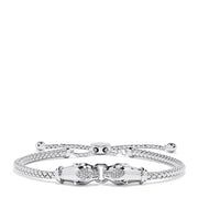 The 925 Sterling Silver Braide Chain Diamond Panther Bolo Bracelet features a braided chain with two intertwined panther links accented by 0.10 TCW diamonds, crafted in a modern bolo style.