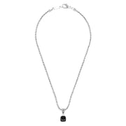 The 925 Sterling Silver Onyx and Diamond Pendant, 4.93 TCW, features a woven chain and a black cushion-cut onyx pendant accented by sparkling diamonds for an elegant look.