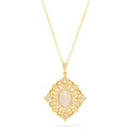 The Aurora 14K Yellow Gold Opal and Diamond Pendant features an ornate, vintage-inspired design with a central oval opal, delicate filigree detailing, and sparkling diamond accents, totaling 1.24 carats.