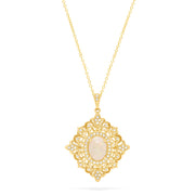 The Aurora 14K Yellow Gold Opal and Diamond Pendant features an ornate, vintage-inspired design with a central oval opal, delicate filigree detailing, and sparkling diamond accents, totaling 1.24 carats.
