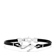 The Mens Sterling Silver and Leather Anchor Bracelet features a black cord with a sterling silver anchor charm, silver accents, and a lobster clasp closure.