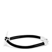 The Mens Sterling Silver and Leather Whales Tail Bracelet features a black leather cord, a polished silver whale tail charm at the center, and silver clasps, displayed on a white background.