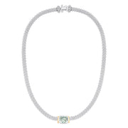 The 925 Sterling Silver and 18K Gold Green Amethyst Necklace, 4.70 TCW, features a square green amethyst set in an 18K gold bezel at the center of a woven sterling silver chain.