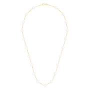 The 14K Yellow Gold Fresh Water Cultured Pearl 18 Necklace features evenly spaced round pearls with subtle variations, creating a simple, elegant look. Pearls are set on a delicate yellow gold chain and displayed against a plain white background.