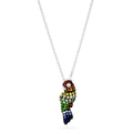 A 925 sterling silver necklace featuring a parrot pendant adorned with multi-color sapphires (1.90 TCW) in red, yellow, green, blue, and orange to beautifully mimic the birds vibrant feathers.