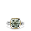 The 925 Sterling Silver and 18K Yellow Gold Green Amethyst Ring, 3.90 TCW, showcases a cushion-cut pale green gemstone bordered by yellow gold and set on textured sterling silver bands.