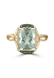The 14K Yellow Gold Green Amethyst and Diamond Ring, 3.73 TCW, features a large cushion-cut green amethyst center accented with diamonds and an elegant twisted band design.