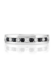Mens 14K White Gold Black and White Diamond Ring, 0.51 TCW, featuring alternating round black and white diamonds set in a row along the band, displayed against a white background with a subtle reflection below.