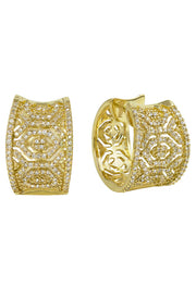 The Moderna DOro Yellow Gold Diamond Earrings feature intricate openwork geometric designs and sparkling diamonds totaling .73 TCW.
