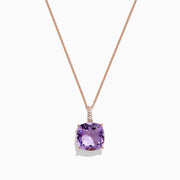 The 14K Rose Gold Amethyst and Diamond Pendant, 6.62 TCW, features a cushion-cut amethyst with diamond accents in a four-prong setting and is elegantly displayed on a white background.