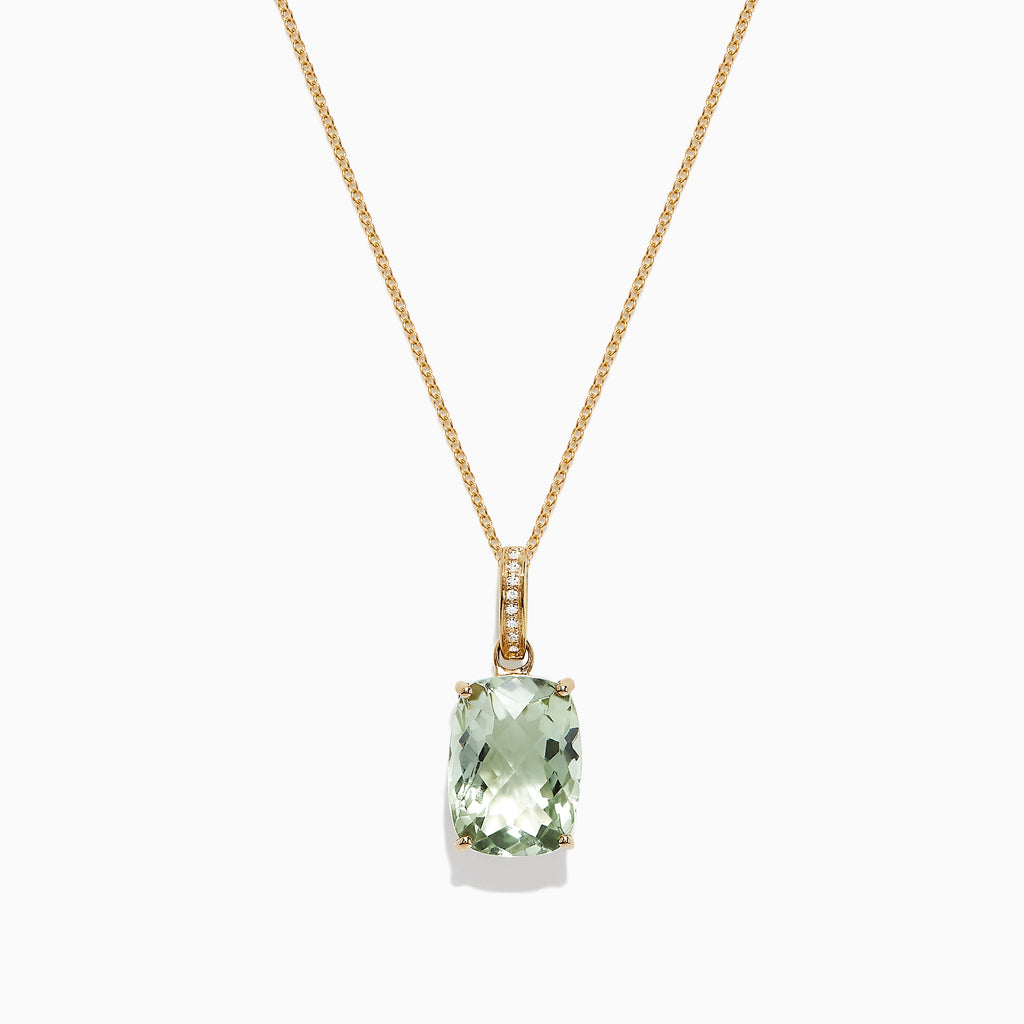 A 14K Yellow Gold Green Amethyst and Diamond Pendant (6.52 TCW) with a thin chain, featuring a rectangular faceted green amethyst accented by small diamonds above the gem, shown against a white background.