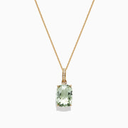 A 14K Yellow Gold Green Amethyst and Diamond Pendant (6.52 TCW) with a thin chain, featuring a rectangular faceted green amethyst accented by small diamonds above the gem, shown against a white background.