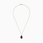 The Eclipse 14K Yellow Gold Onyx and Diamond Pendant (7.08 TCW) features a thin gold chain and a black onyx leaf-shaped pendant with a diagonal gold stripe, shown against a plain white background.