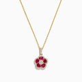 The Ruby Royale 14K Yellow Gold Ruby and Diamond Flower Pendant (1.43 TCW) features round rubies and diamond accents in a flower design, showcased on a white background.