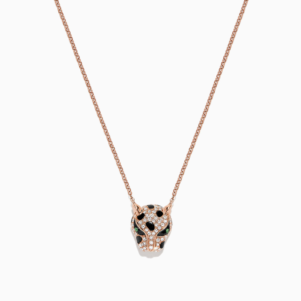 The Signature 14K Rose Gold Diamond and Tsavorite Panther Head Necklace, 0.33 TCW, features a panther’s head adorned with sparkling diamonds, vivid tsavorite eyes, and bold black accents.