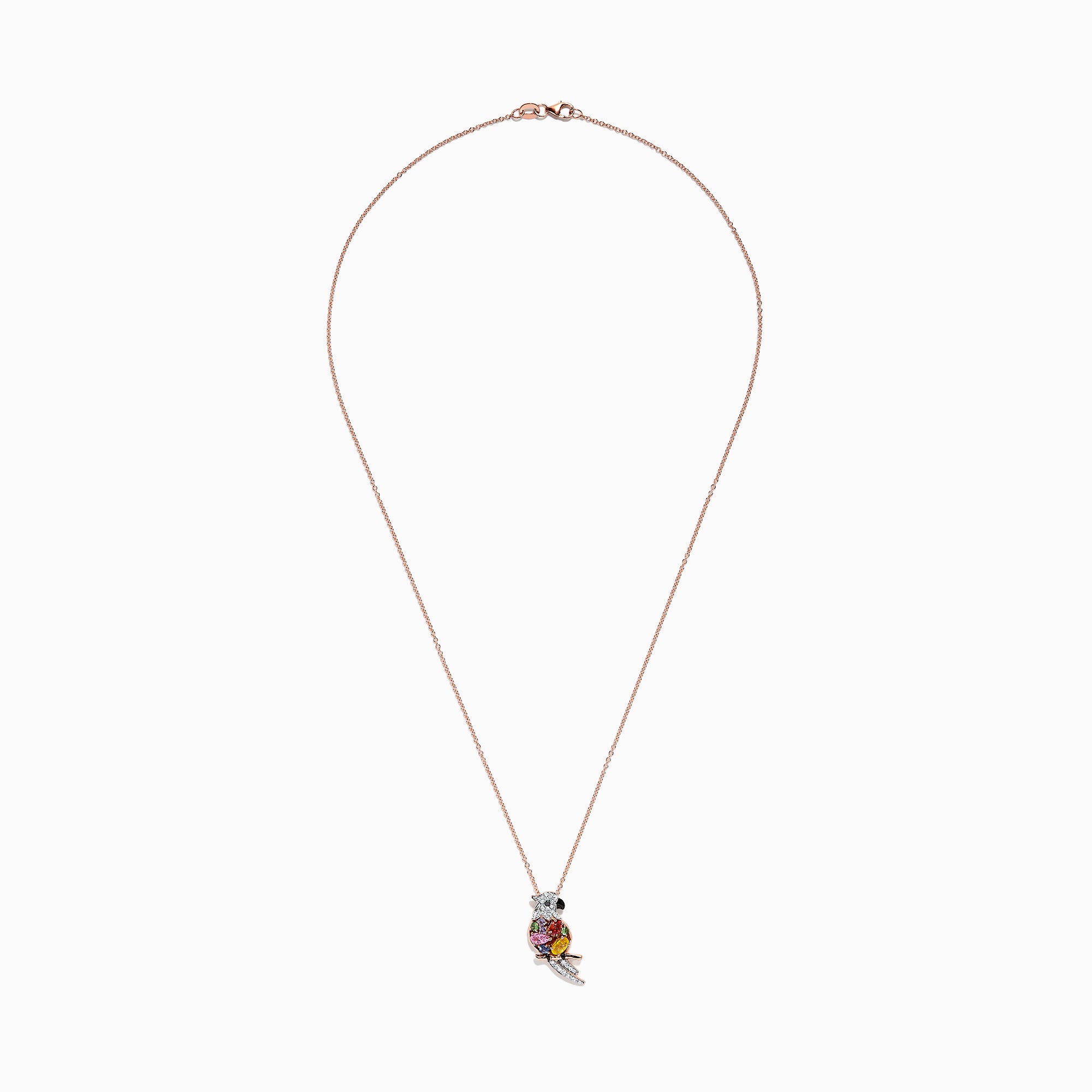 The Safari 14K Rose Gold Multi Sapphire & Diamond Parrot Pendant (1.23 TCW) features a parrot set with sapphires and diamonds on its tail and head, hanging from a fine chain, shown against a white background.