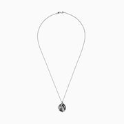 The 14K White Gold Black and White Diamond Pendant (0.92 TCW) showcases interwoven curves with black and white diamonds, creating a modern, elegant look on a delicate silver chain.