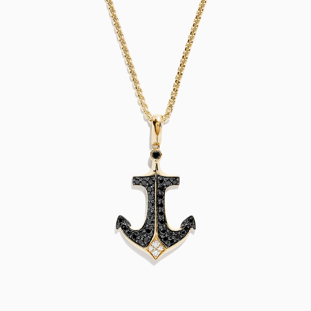 Men’s 14K yellow gold anchor pendant necklace with black finish, set with black and white diamonds (0.73 TCW), shown on a plain white background.