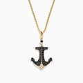 Men’s 14K yellow gold anchor pendant necklace with black finish, set with black and white diamonds (0.73 TCW), shown on a plain white background.