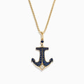 Effy Mens 14K Yellow Gold Sapphire and Diamond Anchor Pendant, 0.96 TCW, features an anchor adorned with blue sapphires and white diamonds, polished to perfection and suspended from a gold loop.