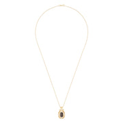 14K yellow gold necklace with an ornate pendant featuring espresso and white diamonds (0.29 TCW) in an intricate design, hanging from a delicate gold chain.