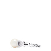 The 925 Sterling Silver Cultured Pearl and Diamond Ring (0.03 TCW) features a round pearl at the center with two small square-set diamonds on each side, displayed against a plain white background.