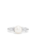 The 925 Sterling Silver Cultured Pearl and Diamond Ring (0.03 TCW) features a round pearl at the center with two small square-set diamonds on each side, displayed against a plain white background.