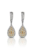 The Canare 14K Two-Tone Gold Yellow Diamond Statement Drop Earrings (2.07 TCW) feature teardrop yellow diamonds with white diamond halos and diamond-accented hoops for dazzling elegance.