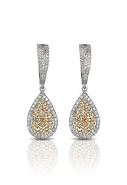 The Canare 14K Two-Tone Gold Yellow Diamond Statement Drop Earrings (2.07 TCW) feature teardrop yellow diamonds with white diamond halos and diamond-accented hoops for dazzling elegance.