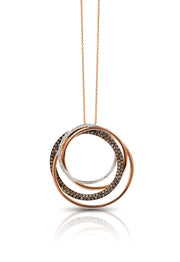 A 14K Rose Gold Espresso and White Diamond Pendant (1.06 TCW) with three intertwined circles—rose gold, espresso-toned gemstones, and white diamonds—displayed on a white background with a subtle reflection underneath.