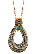 The 14K Rose Gold Espresso & White Diamond Pendant (1.27 TCW) features an intricate teardrop design with overlapping loops adorned with dazzling espresso and white diamonds.