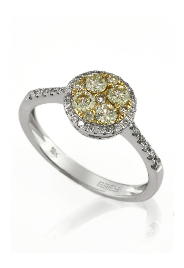 The Canare 14K Two-Tone Gold Bouquet Yellow Diamond Ring, 0.74 TCW, features a cluster of yellow diamonds surrounded by a halo of white diamonds and additional diamonds along the elegant band.