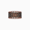 The 14K Rose Gold Espresso and White Diamond Ring features rows of small black (espresso) and orange gemstones in a lattice pattern, bordered by white diamonds, with a total carat weight of 1.25 TCW.