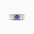 Mens sterling silver and 14K yellow gold ring featuring a square blue tanzanite center, framed by diamonds (1.18 TCW), with a wide ridged band.