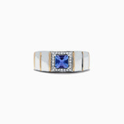 Mens sterling silver and 14K yellow gold ring featuring a square blue tanzanite center, framed by diamonds (1.18 TCW), with a wide ridged band.
