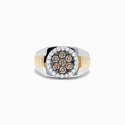 Mens 14K two-tone gold ring with a 0.97 TCW cluster of espresso and white diamonds, surrounded by a halo and set on a ribbed band.