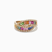 The Watercolors 14K Yellow Gold Multi Sapphire and Diamond Ring, 1.95 TCW, features two intertwined bands with square-cut sapphires and round white diamonds, set in yellow gold and shown on a white background.