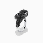 The Signature 14K White Gold Black & White Diamond Panther Ring (1.54 TCW) showcases a panther’s head and paw with black and white diamonds, green gemstone eyes, and a diamond-accented band.