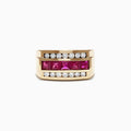 A striking Mens 14K Yellow Gold Diamond Ruby Ring, 2.59 TCW, features a row of square-cut rubies at its center, bordered above and below by two rows of round white diamonds for a bold and elegant look.