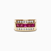 A striking Mens 14K Yellow Gold Diamond Ruby Ring, 2.59 TCW, features a row of square-cut rubies at its center, bordered above and below by two rows of round white diamonds for a bold and elegant look.